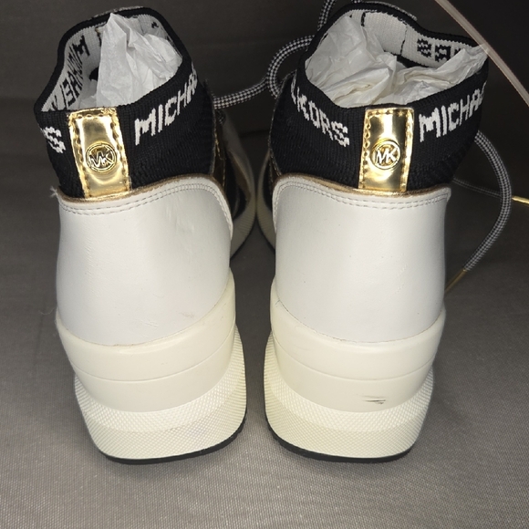 Michael Kors Hilda Knit & Leather Sock Wedge Heel Lace Up Trainers Sneakers - Picture 3 of 13